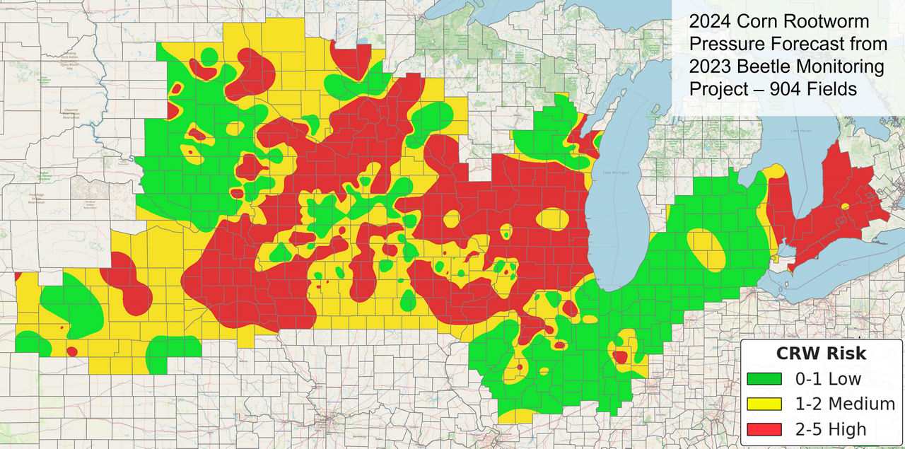 2024 corn rootworm pressure forecast based on 2023 beetle capture in 904 fields in CO, IA, IL, IN, KS, MI, MN, MO, NE, ND, OH, SD, WI, and Ontario, Canada. 